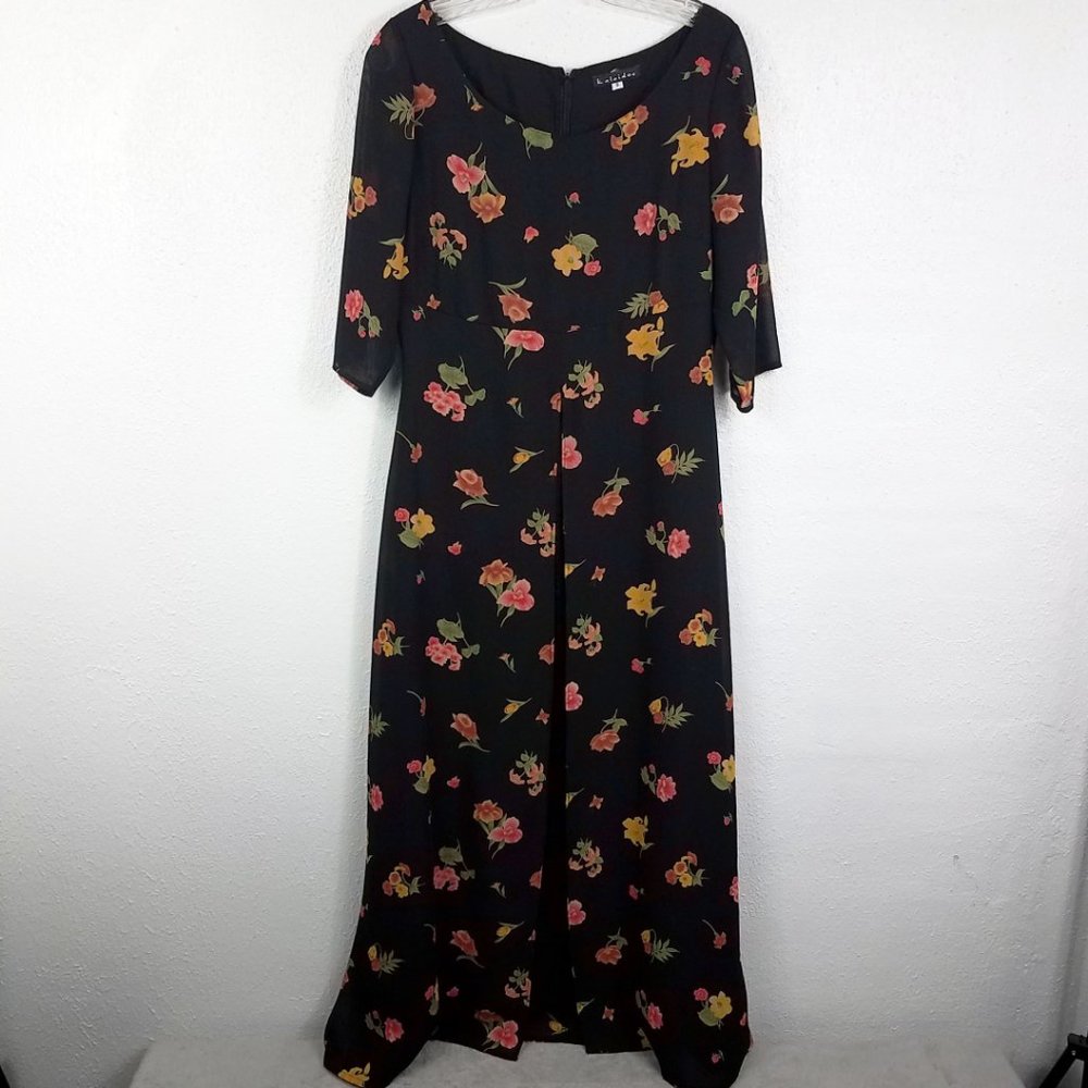 Kaleidos Women's Split Front Zip Back Lined Black Silk Blend Floral Maxi Dress